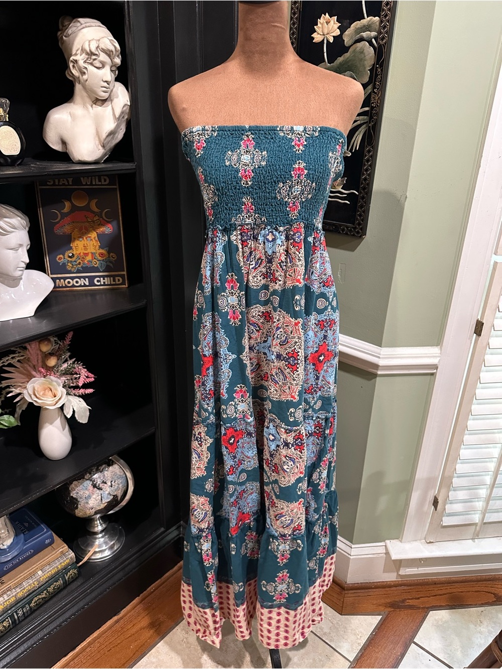 Boho Strapless Floral Maxi Dress Blue Paisley Smocked Tube Dress M/L